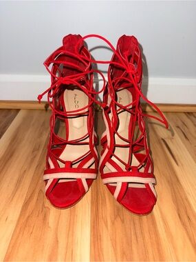 ALDO Red and Tan Lace-Up Strappy High Heel Sandals